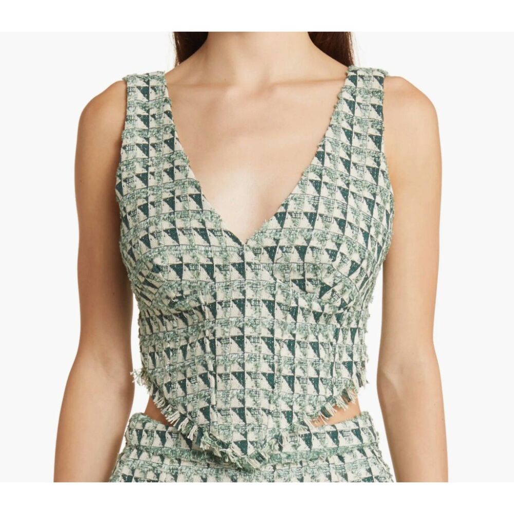 yllw Bryant Jacquard Tweed Cropped Corset Top in Green Cream & Silver size Large